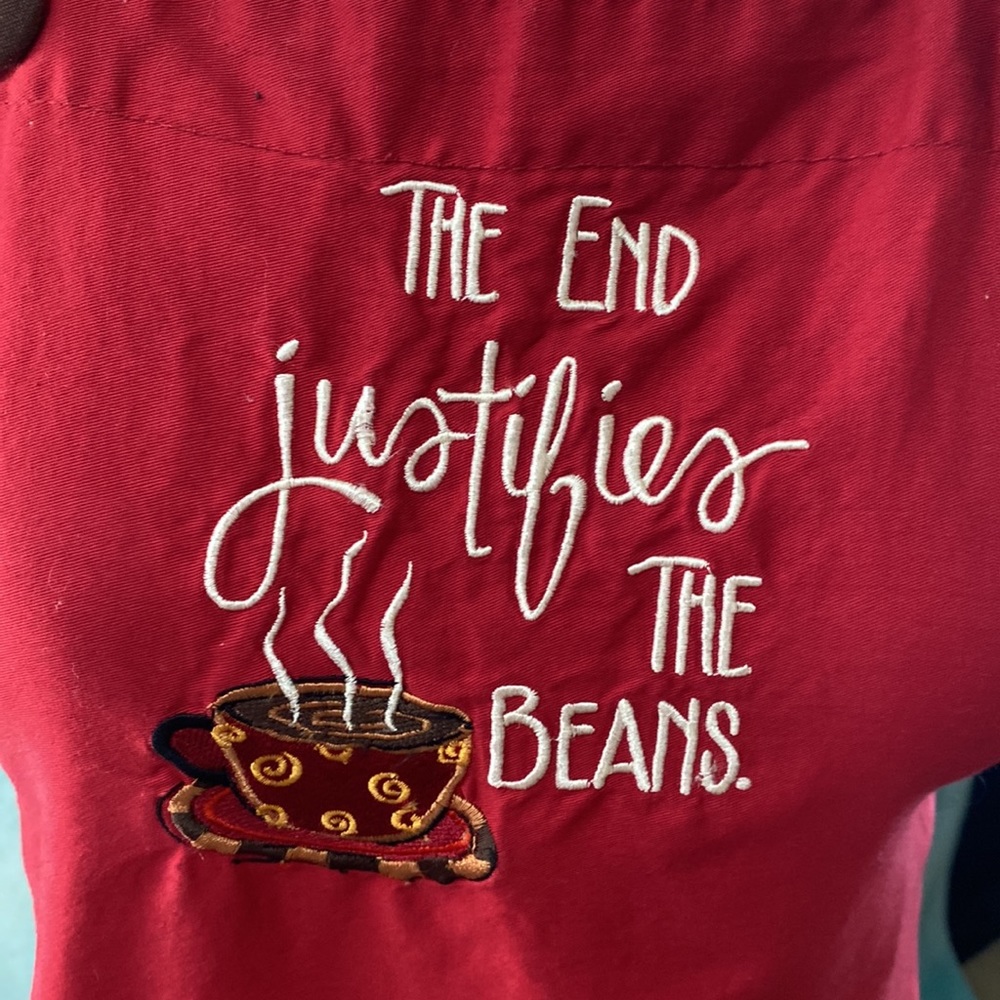 “The end justifies the beans” apron with coffee bean print ruffle